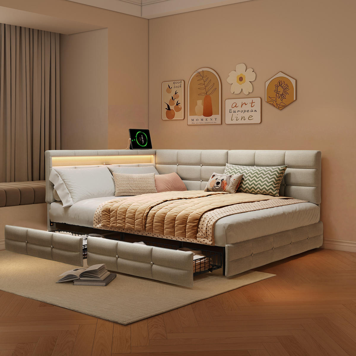 POLSTERBETT 140/190 cm, beiges Stoffbett mit LED-Kopfteil und Stauraum, modernes Einzel- und Jugendbett für Schlafzimmer - Beige, Holz/Metall (140/190cm) - Joyfair