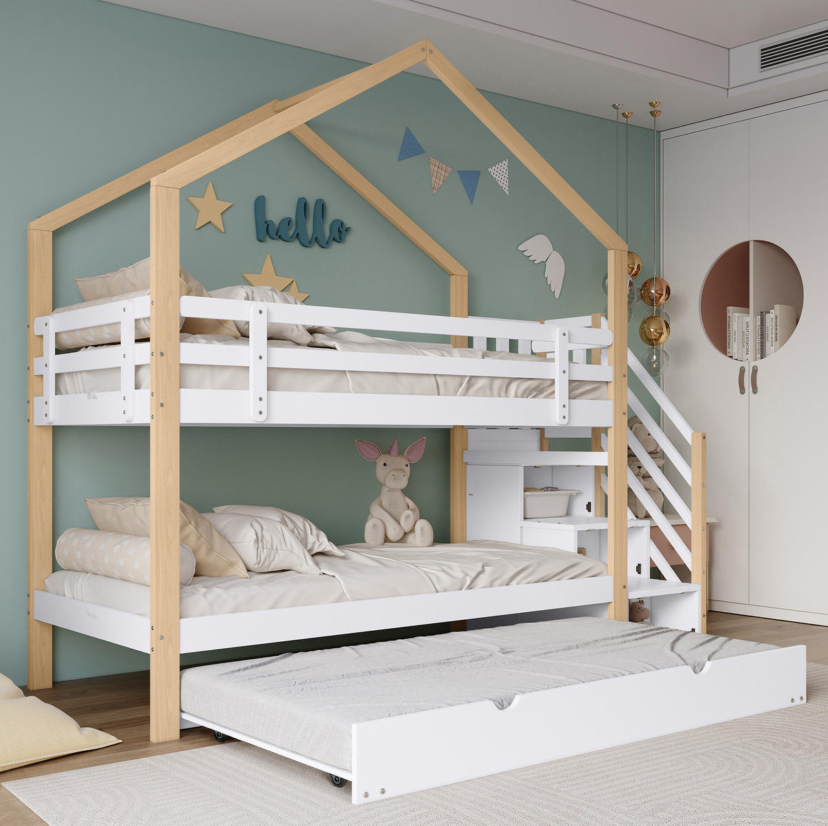 ETAGENBETT aus Massivholz und MDF 90x200 cm Natur/Weiß mit Ausziehbett, Treppe und Schubladen - Weiß, Holzwerkstoff (90/200cm) - IVMEU