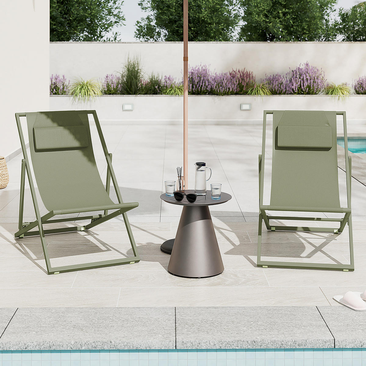 LIEGESTUHL - Stahl / Polyrattan - 2er-Set - Salbeigrün, Textil/Metall (63/93/104cm) - home24