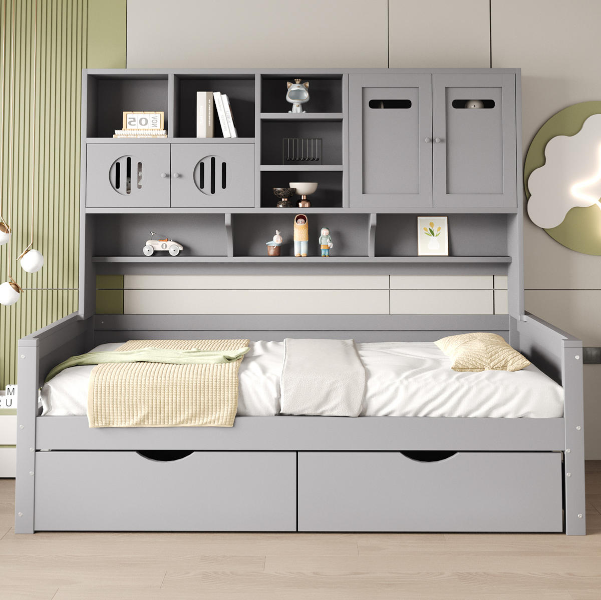 MULTIFUNKTIONSBETT aus Kiefernholz 90x200 cm Grau mit Stauraum, 2 Schubladen und Aufsatzregal - Grau, Holz (90/200cm) - Modfu