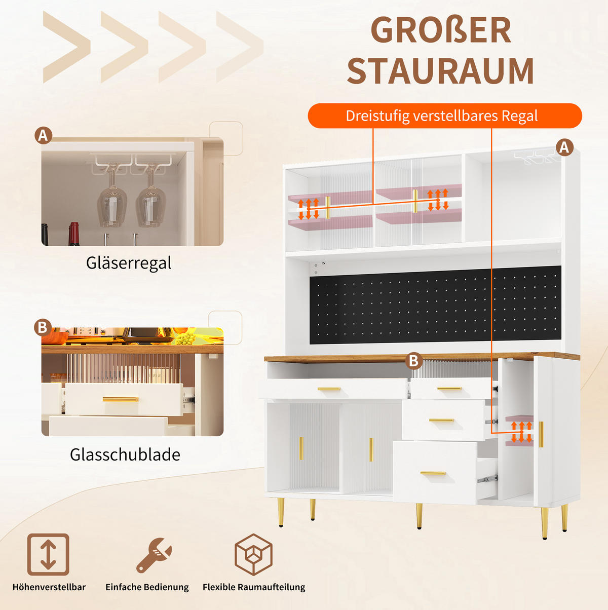 BUFFET 145/39/171 cm weiß aus MDF und Glas mit LED - Weiß, Glas (145/171/24cm) - OKWISH
