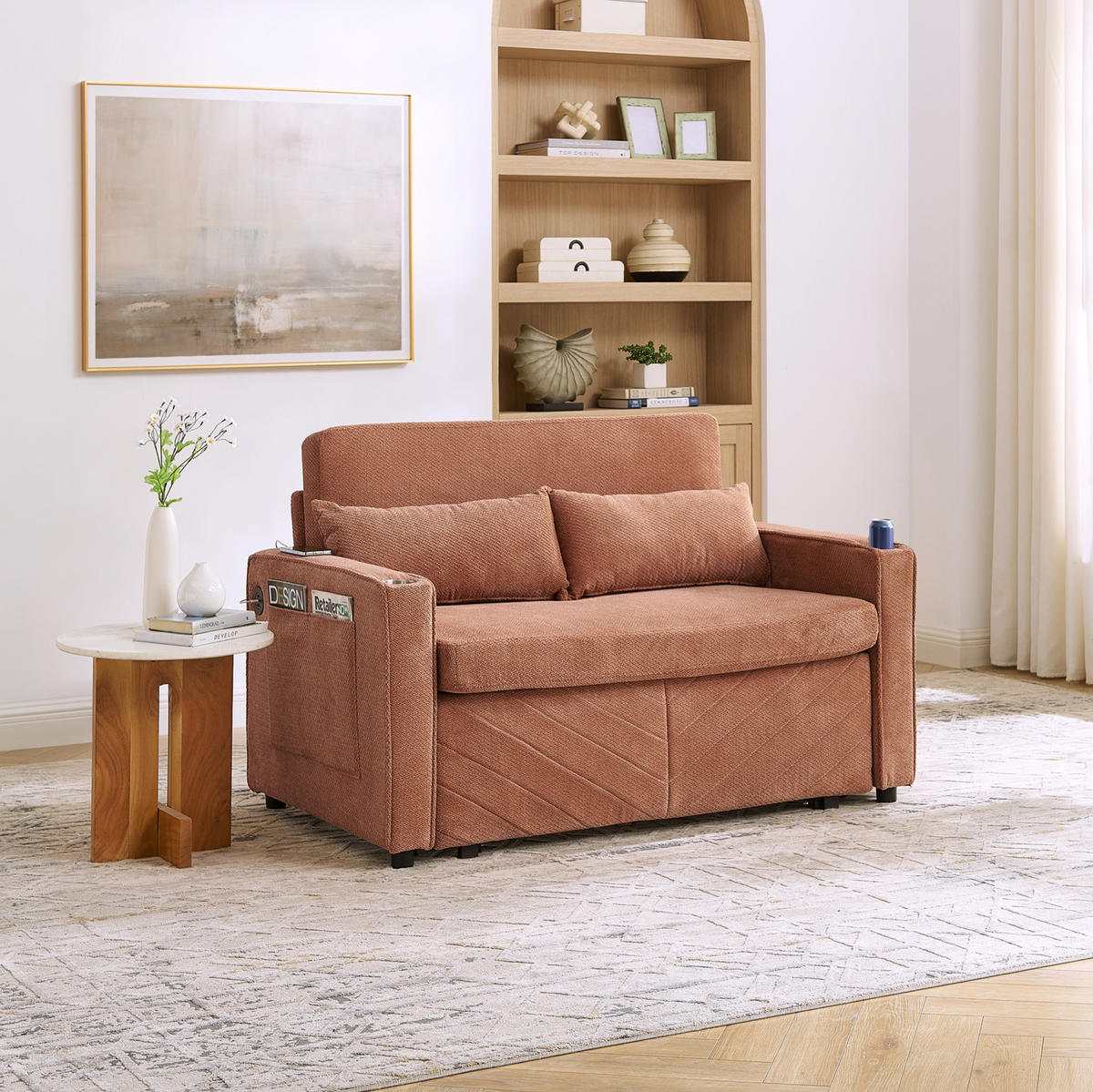 SCHLAFSOFA aus Holz und Stoff mit USB-Ladeports und Schiebe-Transform-Funktion Orange - Orange, Holz (134/73/195cm) - Modenvie