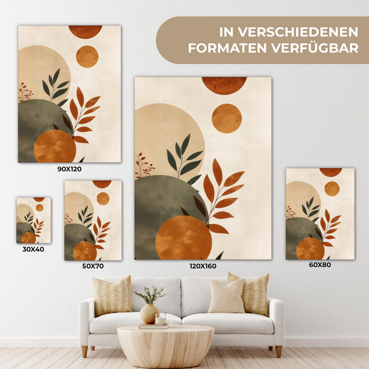 LEINWANDBILD Formen - Rund - Blätter - Beige 60x80 cm - Rostfarben, Textil (60/80cm) - MuchoWow
