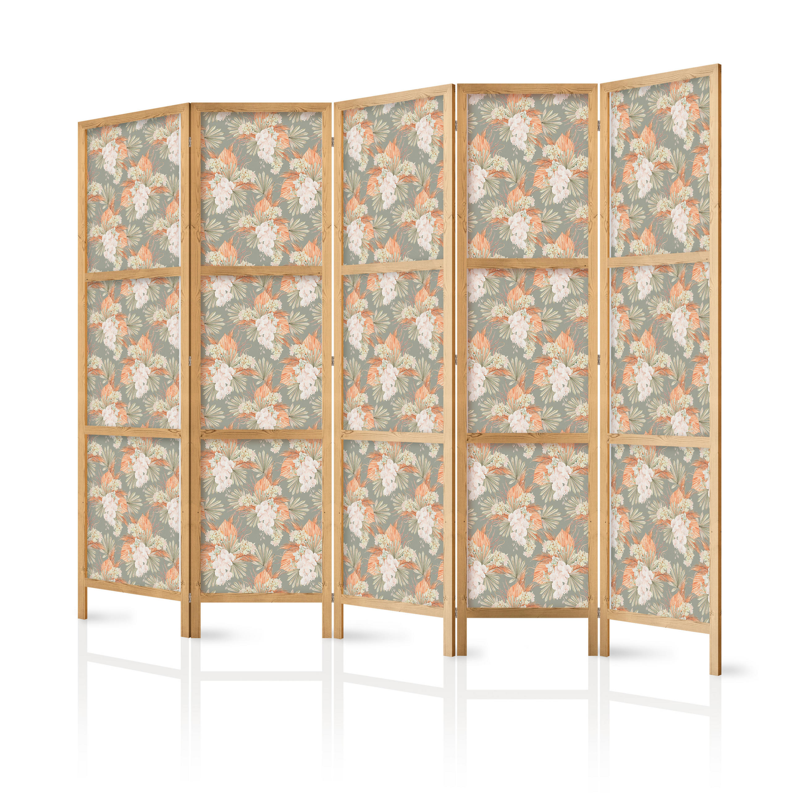 PARAVENT Japanischer 5-tlg 225x172 cm Tropische Blumen - Multicolor, Holz/Textil (225/172/3cm) - Muralo