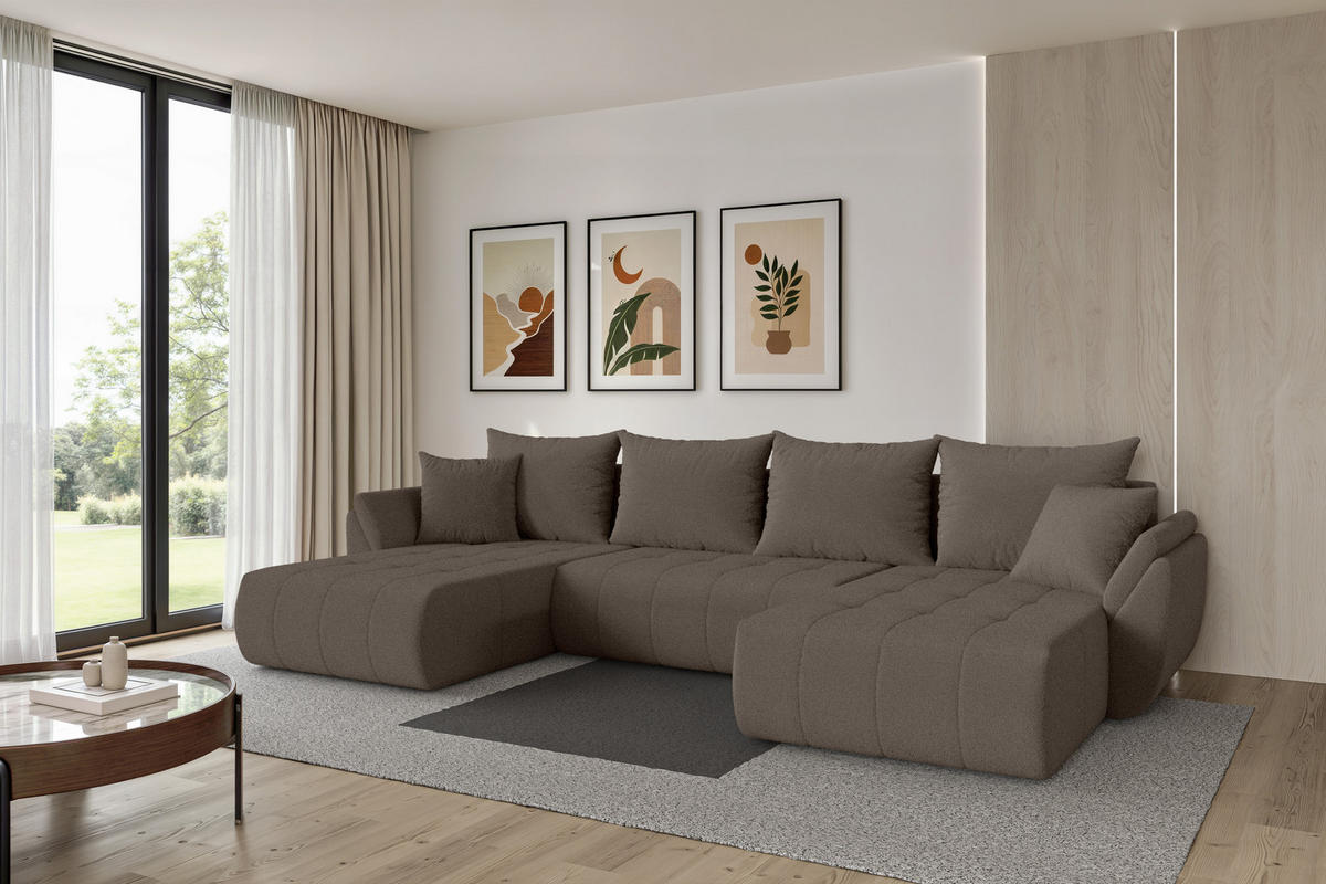 SEDACÍ SOUPRAVA DO U s funkcí spaní a úložným prostorem TOKO-U 378x194x86 hnědá bouclé - černá/hnědá, kompozitní dřevo/textil (378/86/194cm) - ALTDECOR