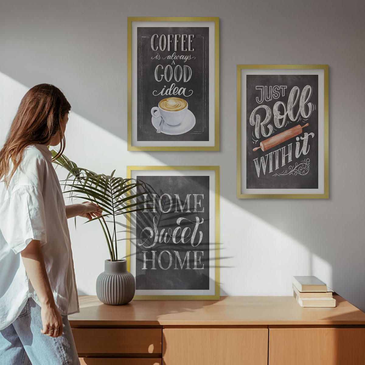 BILDER SET 3er Set - 40x60 cm Goldrahmen - Kaffeeroller, heimelige Wärme - Goldfarben, Kunststoff (40/60cm) - TULUP