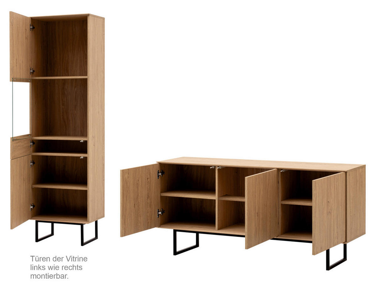 WOHNWAND Stone Eiche, Wohnkombination 2-teilig 220 cm, mit Push-to-Open - Eichefarben/Schwarz, Holzwerkstoff/Metall (220/200/40cm) - Furn.Design