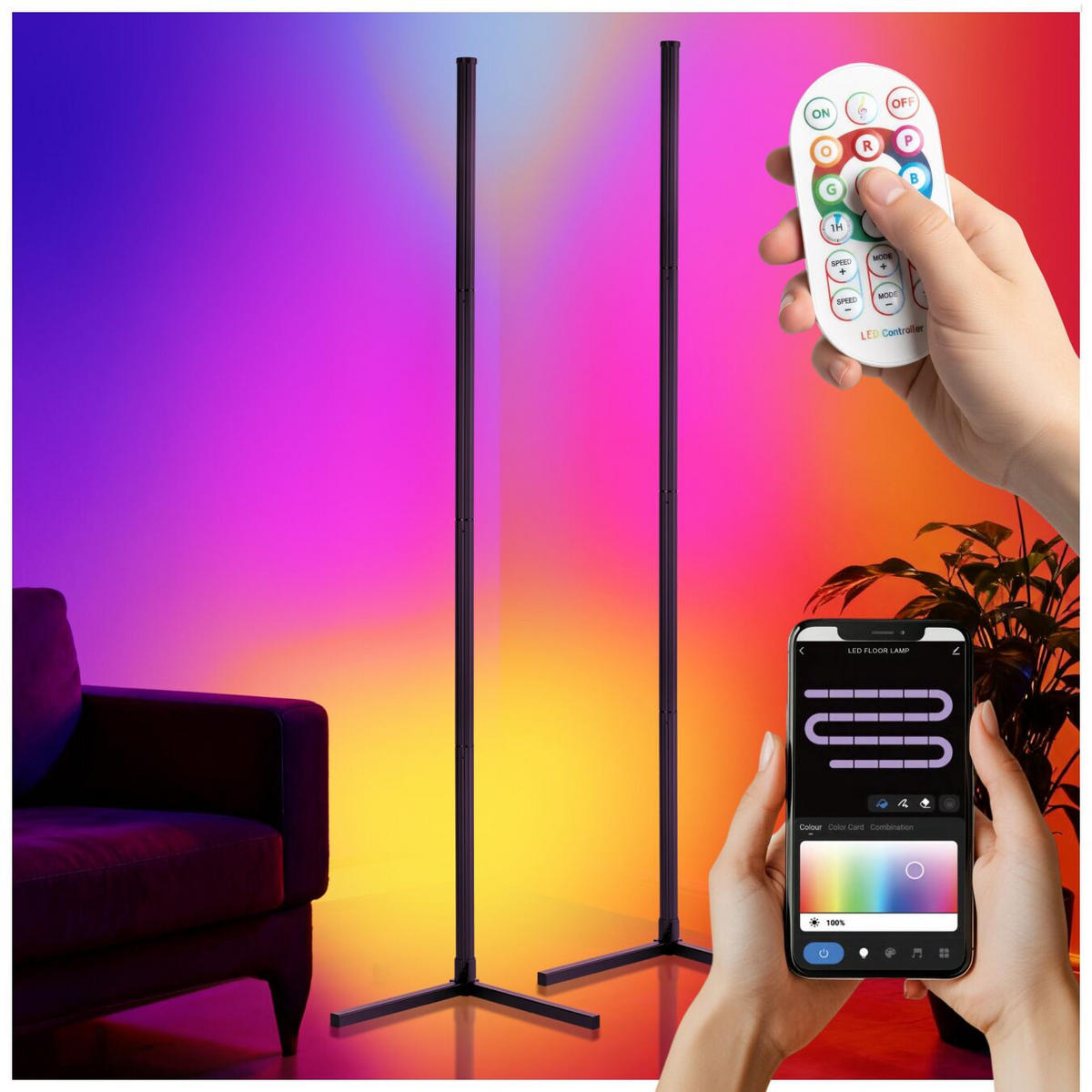 LED-STEHLAMPE Spectra,Innovativer Musik-Aktivierungsmodus,schwarz/weiß - Schwarz/Weiß, Metall (29.5/29.5/145cm) - tectake