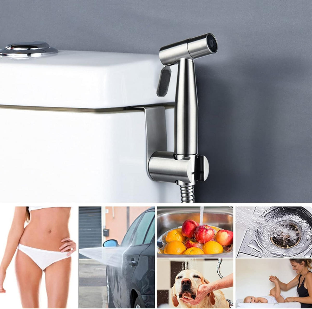 WC-BIDET-AUFSATZ– Silber – Handspülung – G3/8 Umsteller - Silberfarben, Metall (22.5/6/12.5cm)