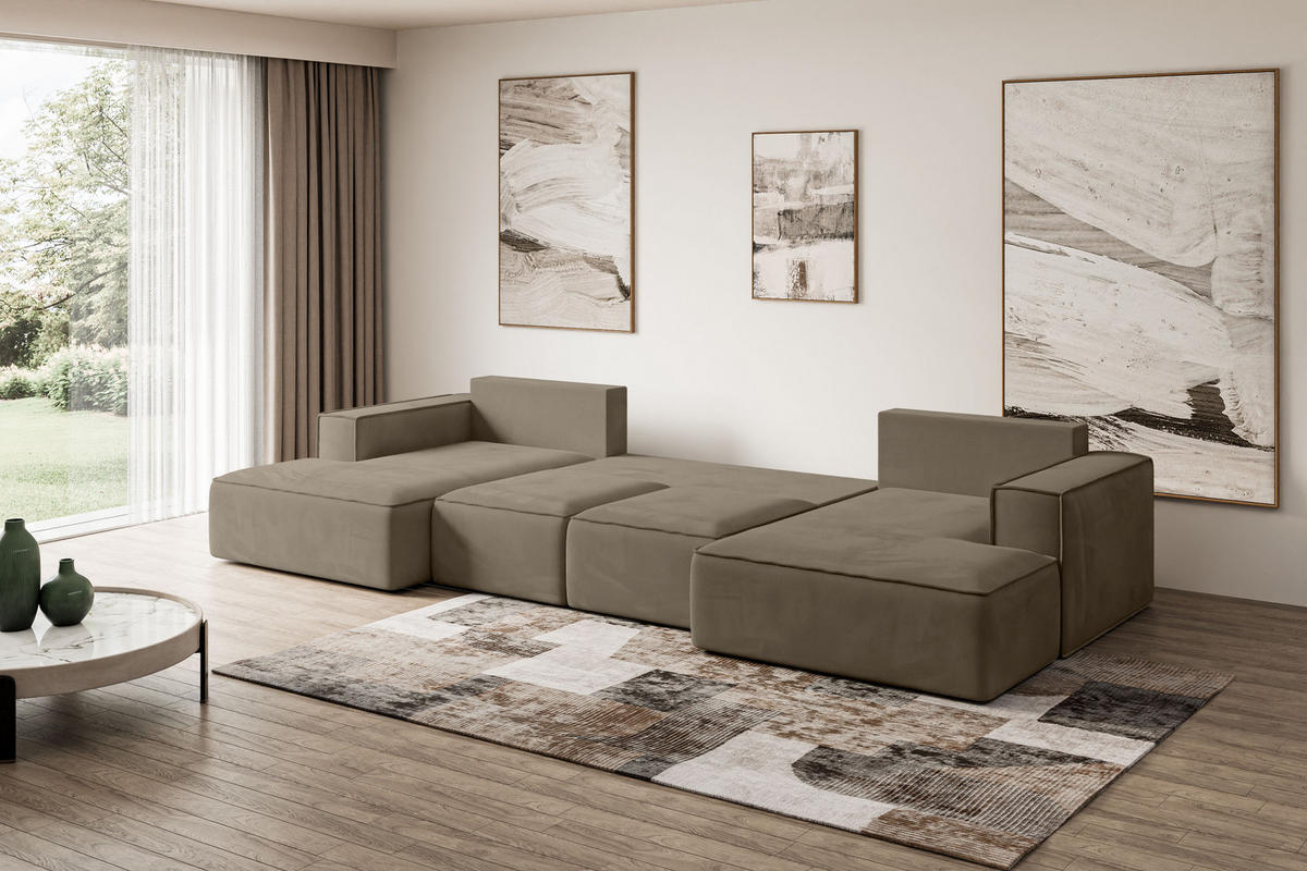 WOHNLANDSCHAFT mit Schlaffunktion und Bettkasten SIERRA-U-S - 349x161x87 cm Braun Velours - Schwarz/Braun, Holzwerkstoff/Kunststoff (349/87/161cm) - ALTDECOR