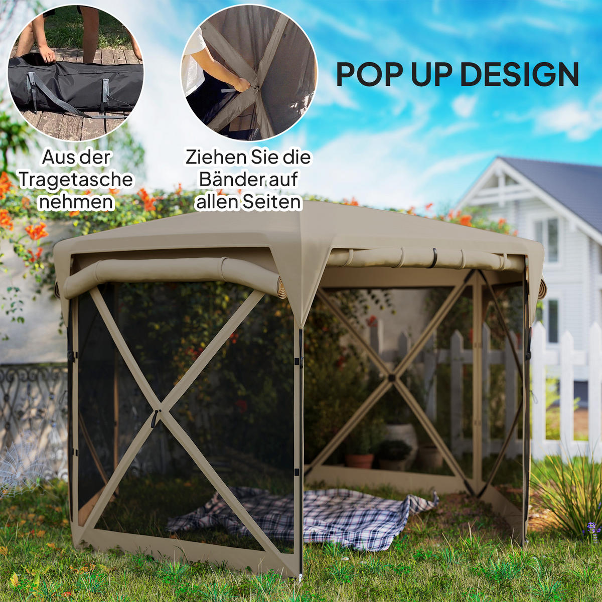 PAVILLON sechseckig ca. 3,5x 3 m - Beige, Kunststoff (300/210/345cm) - Outsunny