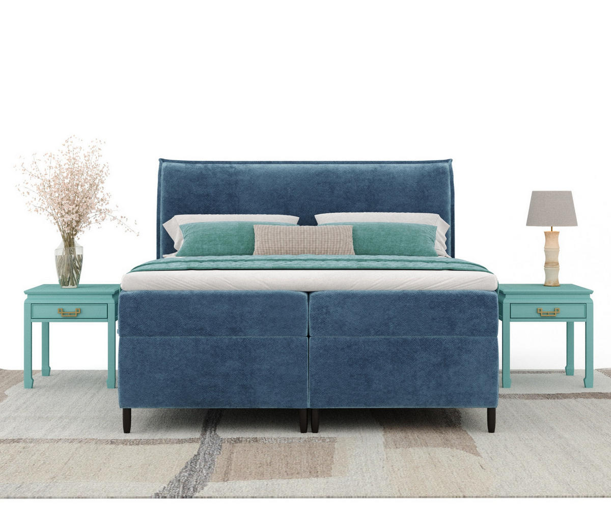 BOXBETT 180/200 cm Corvus, in Blau, Matratze, Topper, Bettkasten, H4 = sehr fest - Blau/Schwarz, Holz/Holzwerkstoff (180/200cm) - Maison de Reve