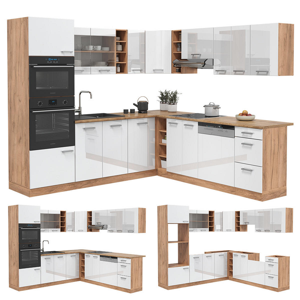 ECKKÜCHE R-Line Weiß Hochglanz/Goldkraft Eiche 237 x 60 cm ohne AP - Weiß Hochglanz/Eiche Wotan, Holzwerkstoff (247/81.6/46cm) - Vicco