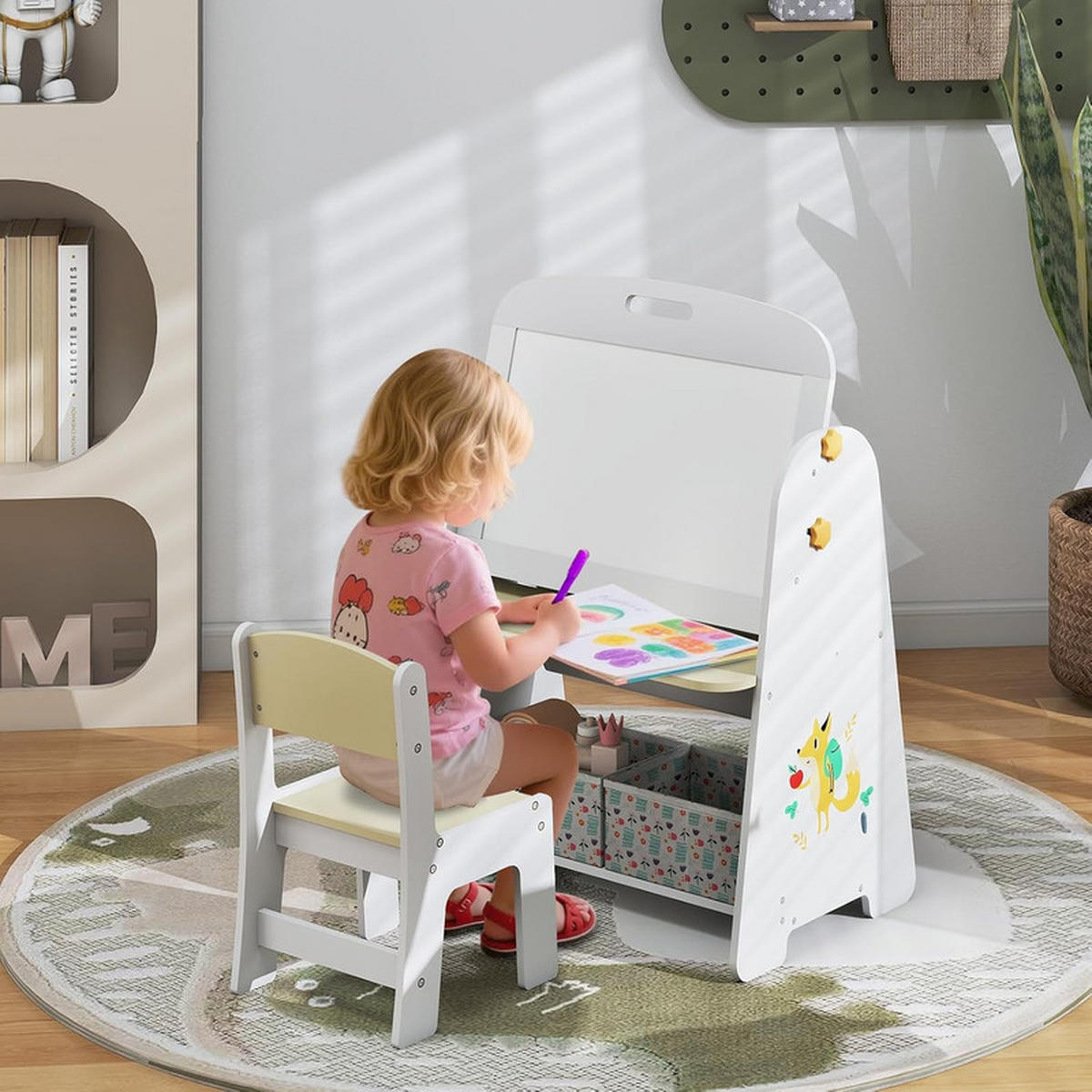 KINDERSTAFFELEI-SET mit Stuhl natur(2-tlg) - Naturfarben, Holzwerkstoff (60/80/40cm) - COSTWAY