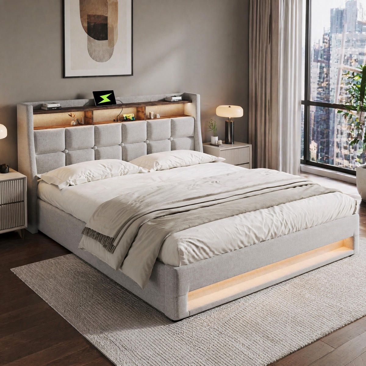 POLSTERBETT 160/200 mit Bettkasten, LED und USB in Grau - Beige, Holzwerkstoff/Textil (160/200cm) - EVRYAE