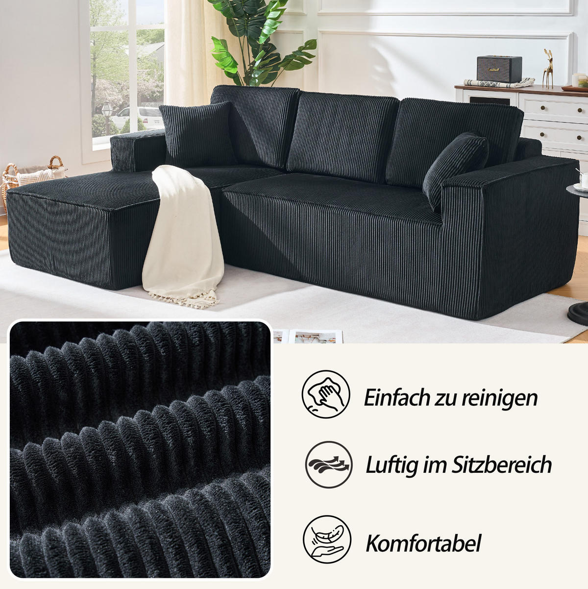 ECKSOFA 235/128/60 cm schwarz aus Cord mit Chaiselongue und 2 Kissen - Schwarz, Textil (128/235cm) - OKWISH