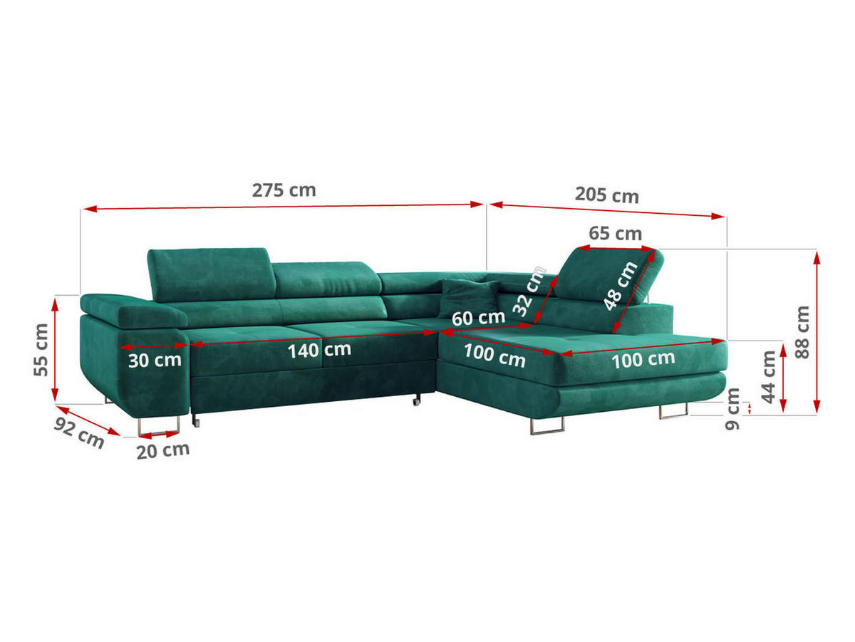 ECKSOFA GUSTAW L Dunkelgrün Velvet Rechts Seite - Dunkelgrün/Silberfarben, Textil/Metall (275/205cm) - MKS