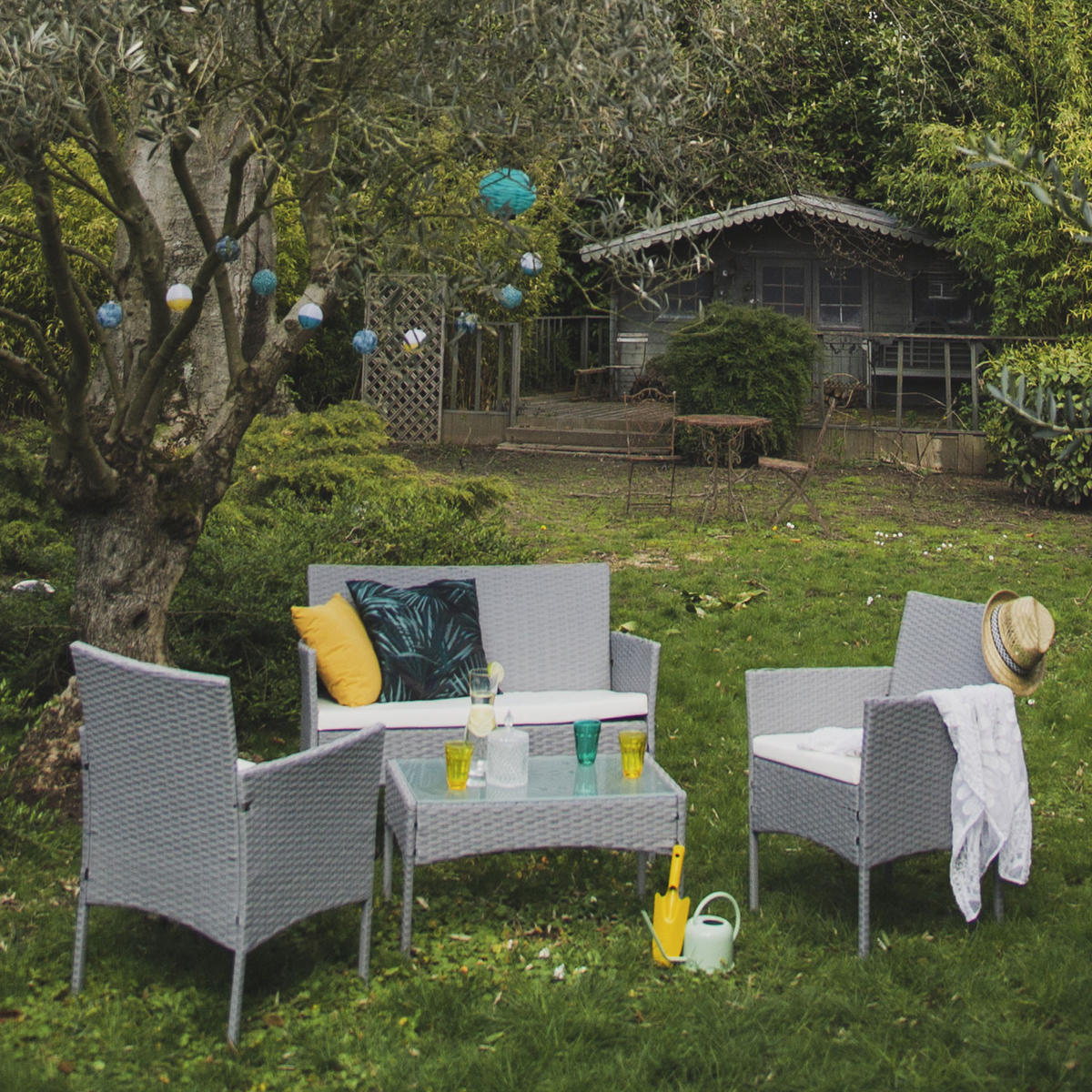 GARTENMÖBEL Cordoue Grau und Elfenbein 4 Plätze - Creme/Grau, Metall - Happy Garden