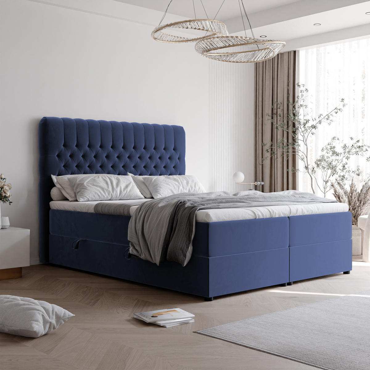 BOXBETT ALBA 180/200 cm, in Dunkelblau, mit Matratze und Topper - Dunkelblau, Holzwerkstoff/Textil (180/200cm) - Idohome