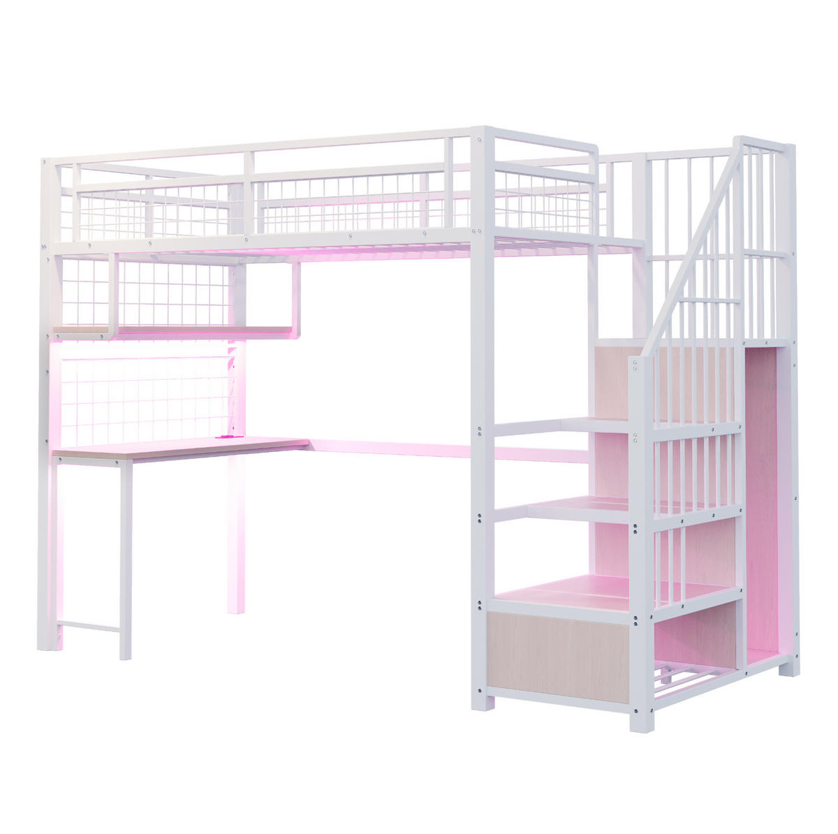 HOCHBETT mit Schreibtisch 90/200 cm in Weiß – mit Stauraumtreppe und Kleiderschrank - Weiß, Metall (90/200cm) - BEAOK