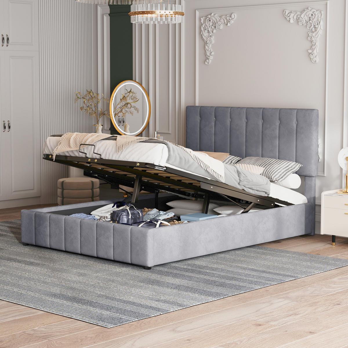 POLSTERBETT 140/200 cm grau mit hydraulischem Stauraum und höhenverstellbarem Kopfteil - Grau, Textil (140/200cm) - OKWISH