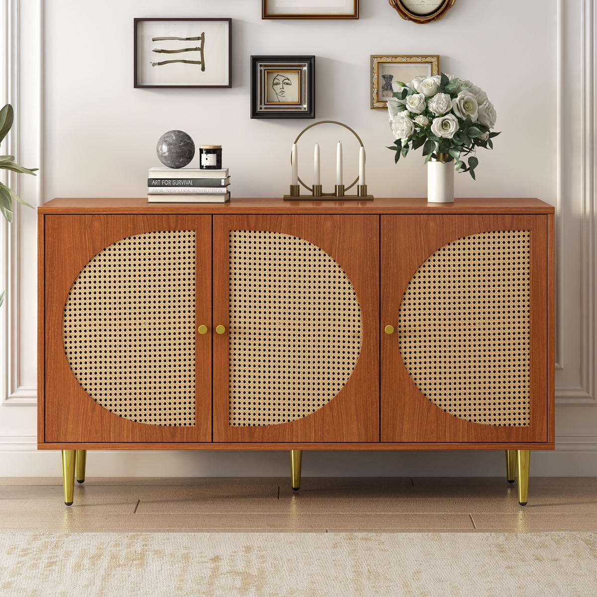 SIDEBOARD mit 3 Rattan-Türen und verstellbaren Einlegeböden, 129,8/40/76 cm, Walnussoptik - Walnussfarben, Holzwerkstoff (129.8/76/40cm) - Redom