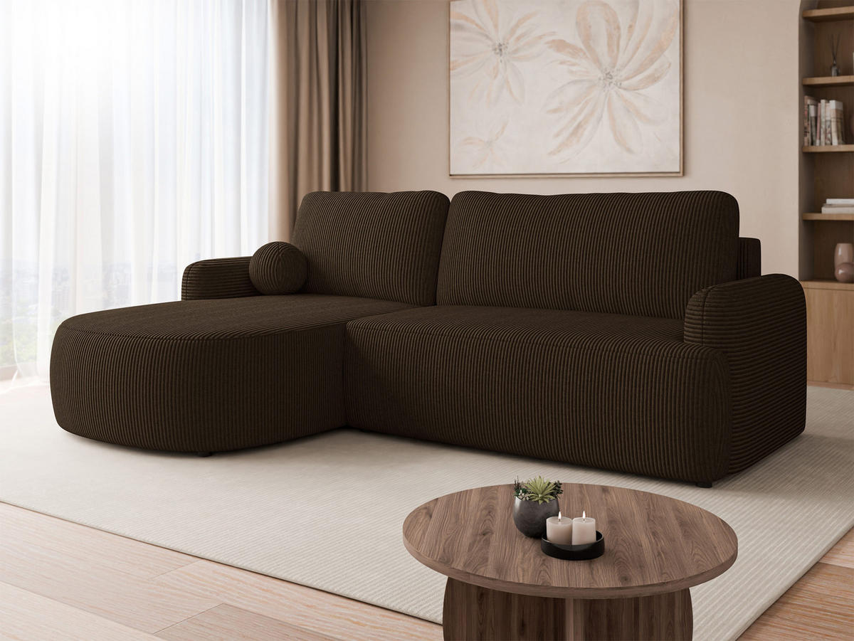 ECKSOFA Loridu Cord, Seite: Links - Schwarz/Braun, Holz/Kunststoff (250/174cm) - MIRJAN24