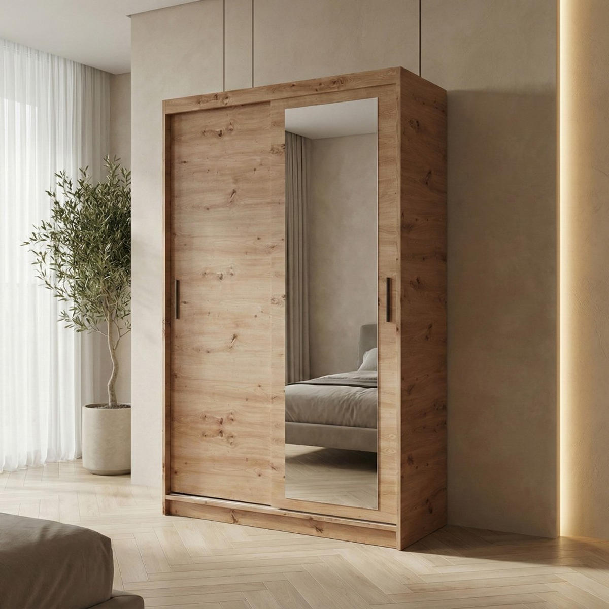 SCHWEBETÜRENSCHRANK Hela 100/205/60 2-türig eiche Artisan mit Spiegel - Eiche Artisan, Holzwerkstoff (100/205/60cm) - Beautysofa