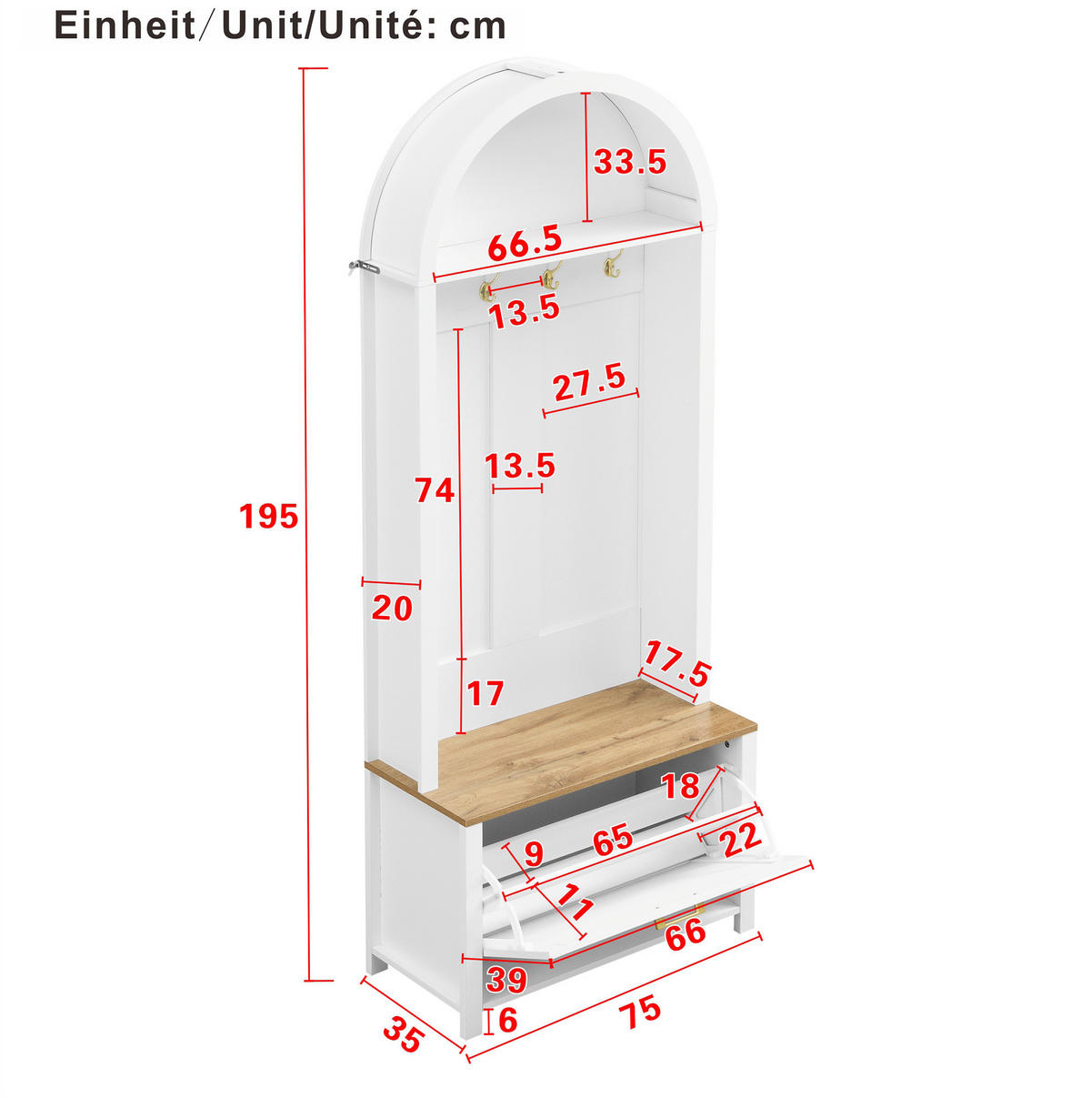 GARDEROBE 75/195/35 cm Weiß/Holzfarben aus MDF mit Schuhfach und Haken - Weiß, Holzwerkstoff (35/195/75cm) - OKMYHOME