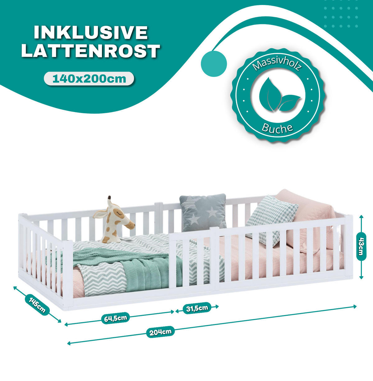 BODENBETT TITAN - Weiß, Holz (140/200cm) - Alavya Home