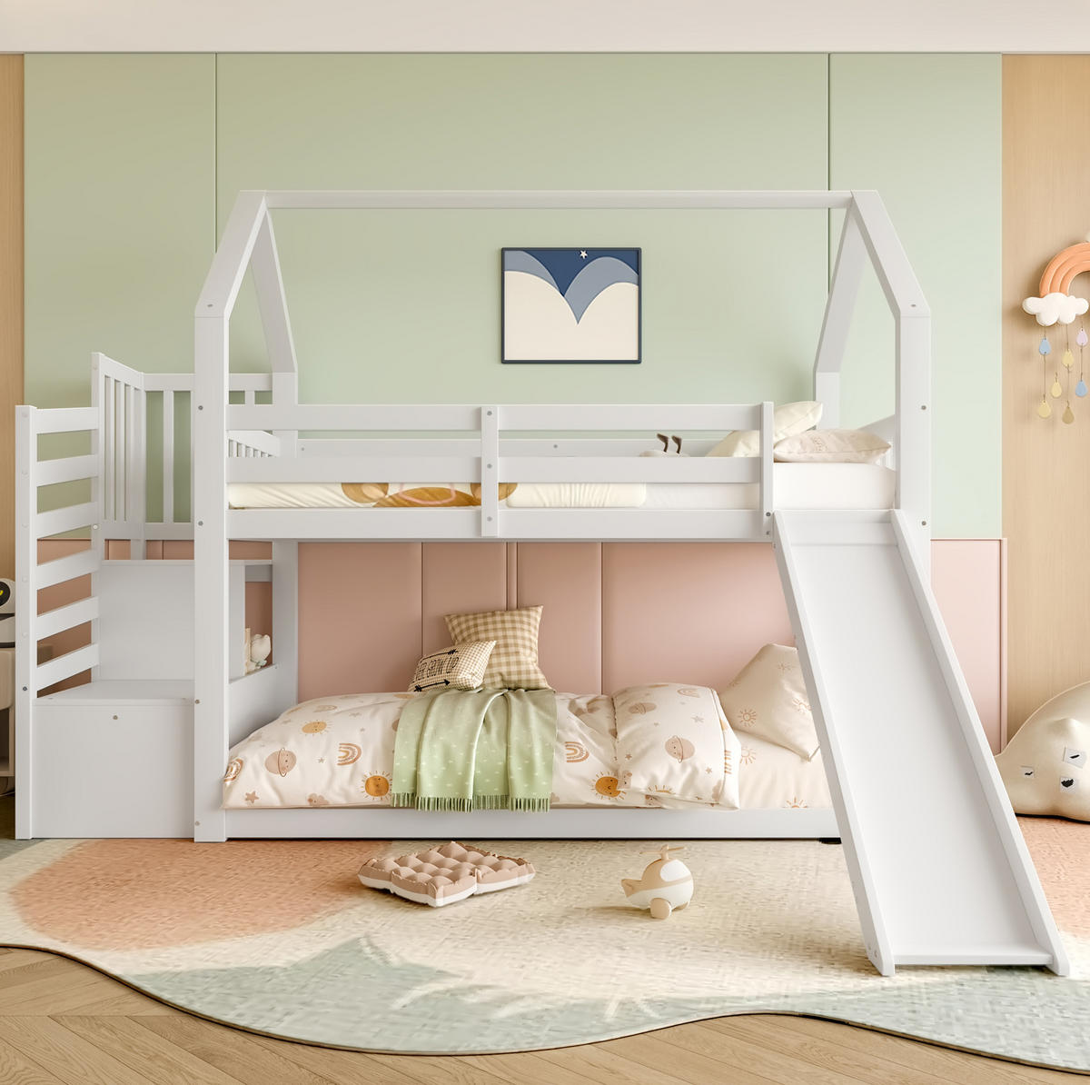 ETAGENBETT aus Kiefer und MDF 90x200 cm Weiß/Grau mit Stauraumtreppe, Rutsche und Hausdesign - Weiß, Holzwerkstoff (90/200cm) - Modfu