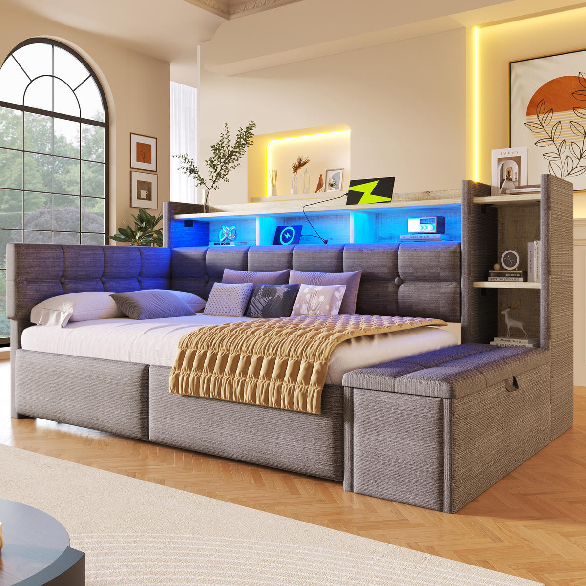 TAGEBETT 90x190cm Dunkelgrau Samt 2 Schubladen USB LED-Licht - Dunkelgrau, Holz (90/190cm) - FLIEKS