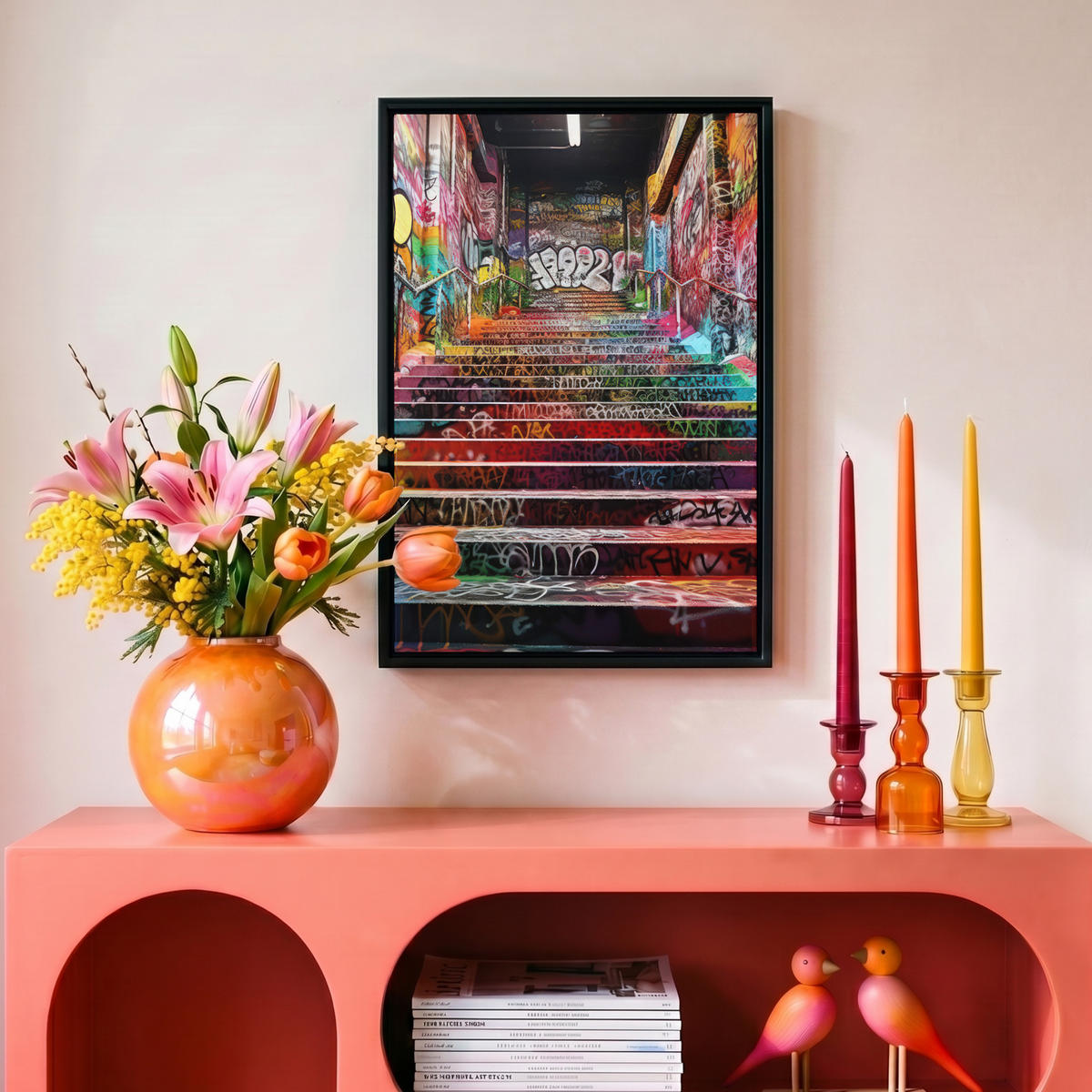 LEINWAND Bilder mit Rahmen - Treppe - Graffiti - Farben - Kunst - 20x30 - Multicolor, Textil (20/30cm) - MuchoWow