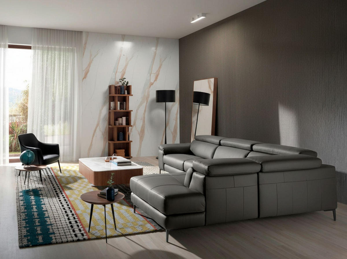 ECKSOFA Relaxsofa mit Chaiselongue rechts in dunkelgrauem Leder 295/232/97 cm - Dunkelgrau/Schwarz, Leder (295/232cm) - ANGEL CERDA