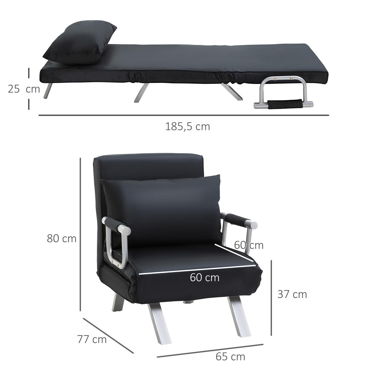 SCHLAFSESSEL, Polyester, Eisen, Schwarz - Schwarz, Kunststoff (77/80/65cm) - HOMCOM