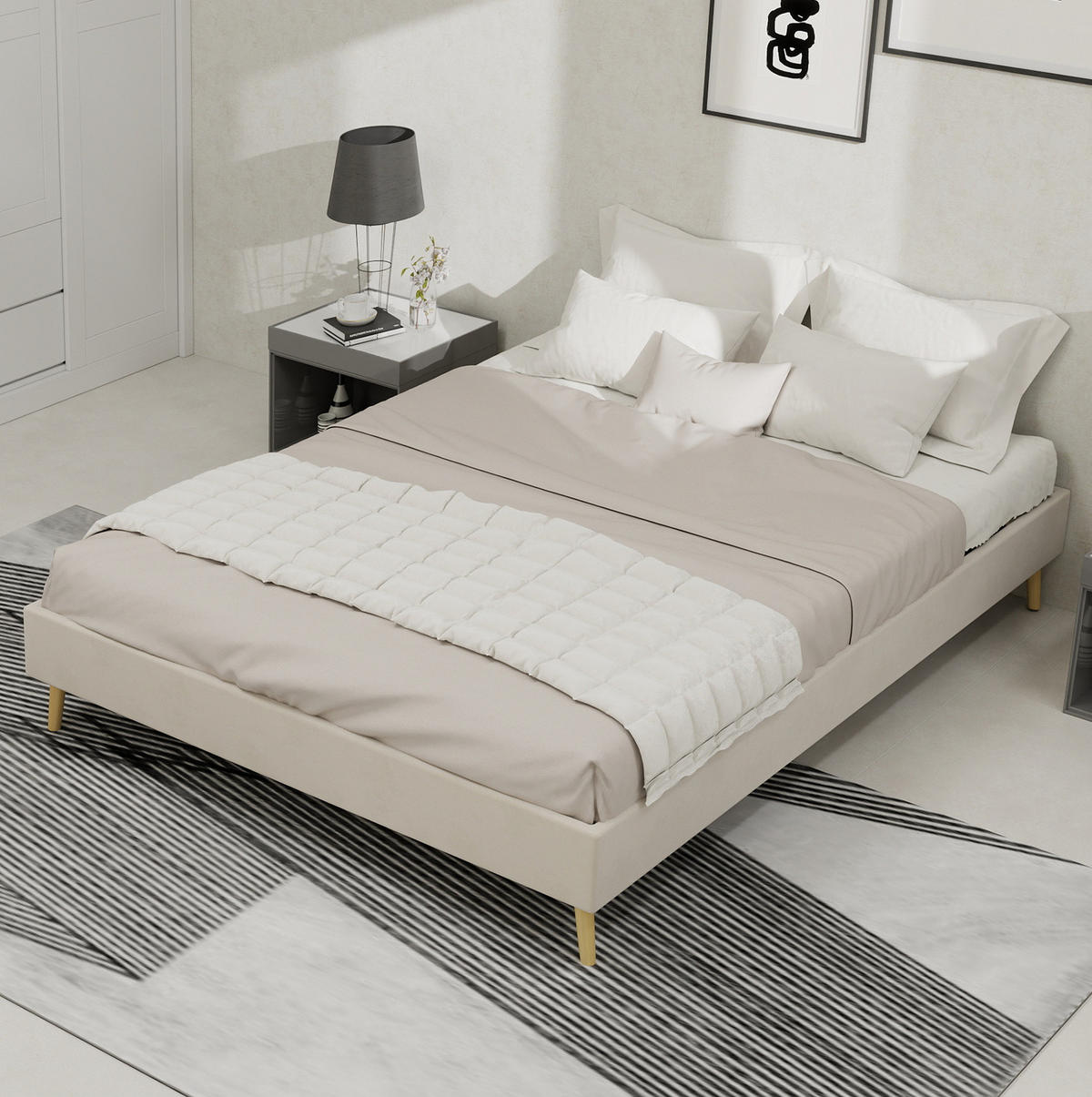 POSTEĽ 140/200 cm béžová z látky a kovu s pevným rámom a moderným nízkym profilom - béžová, textil (140/200cm) - OKWISH