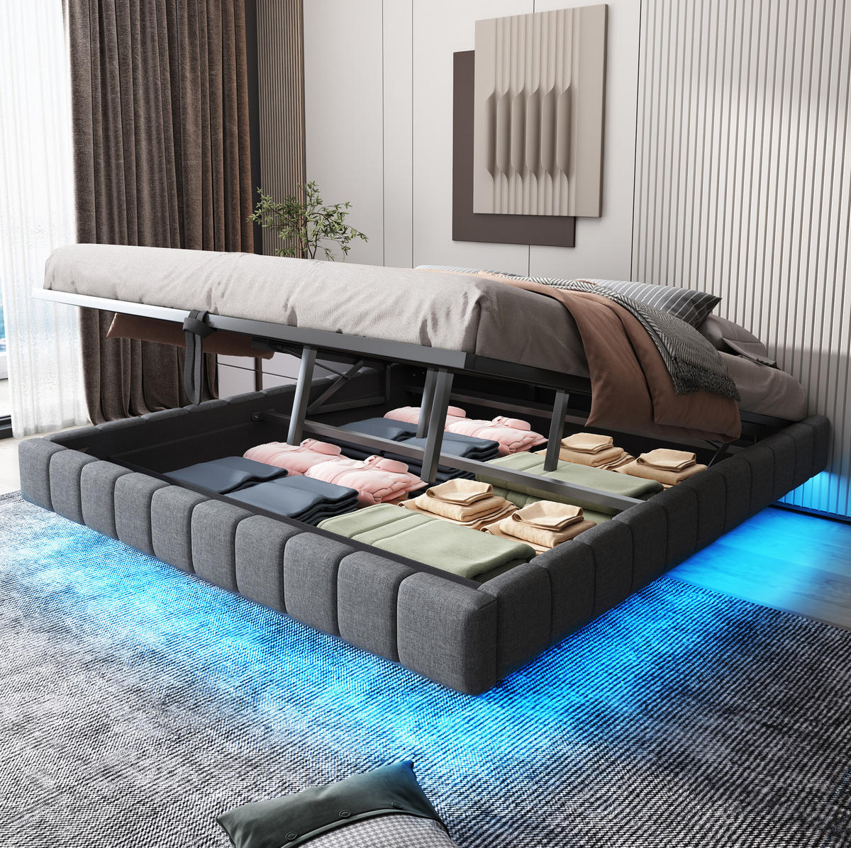 ČALÚNENÁ posteľ 180/200 cm s LED osvetlením, hydraulickým úložným priestorom a bez čela, Sivá - sivá, textil (180/200cm) - Redom