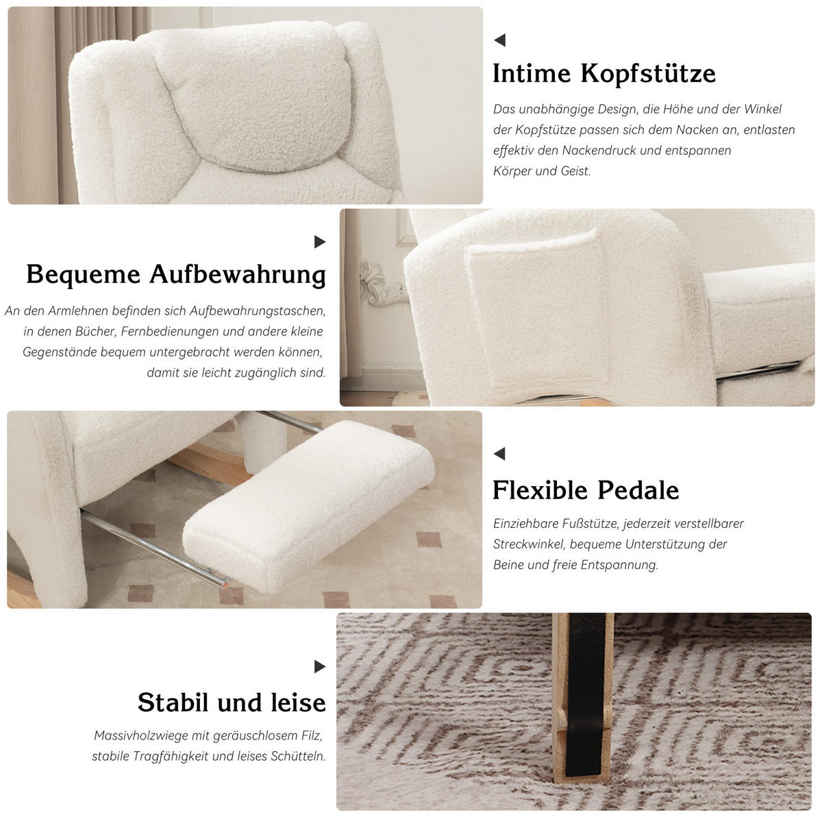 SCHAUKELSTUHL Teddy-Stoff mit klappbarem Fußhocker und Kopfstütze 66/125/101 cm Weiß - Weiß, Textil (125/101/66cm) - Redom