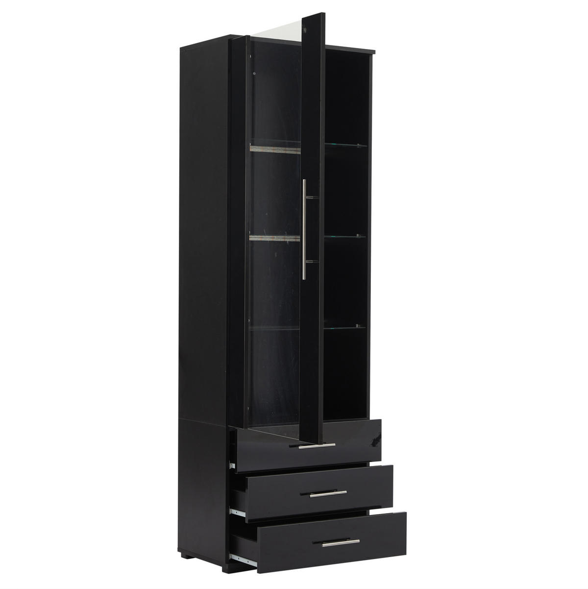 VITRINE aus MDF 60x35x180 cm Schwarz mit LED-Beleuchtung, Acryltür und 3 Schubladen - Schwarz, Holzwerkstoff (60/180/35cm) - Modfu