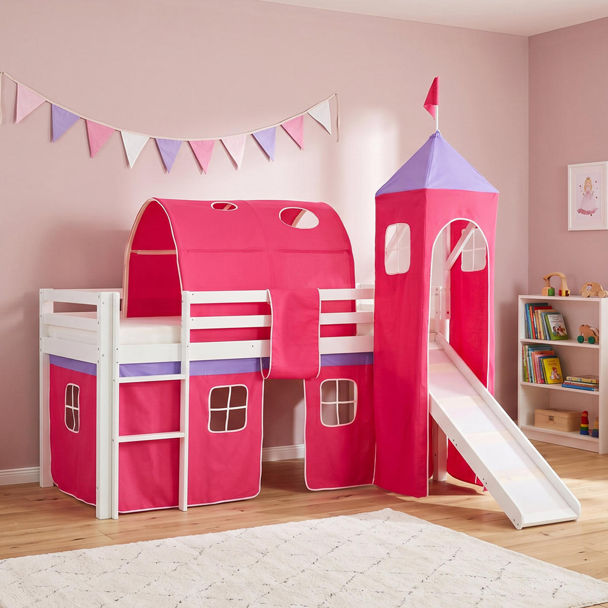 HOCHBETT 90/200 cm in Pink mit Lattenrost + Matratze - Pink/Weiß, Holz - Homestyle4u