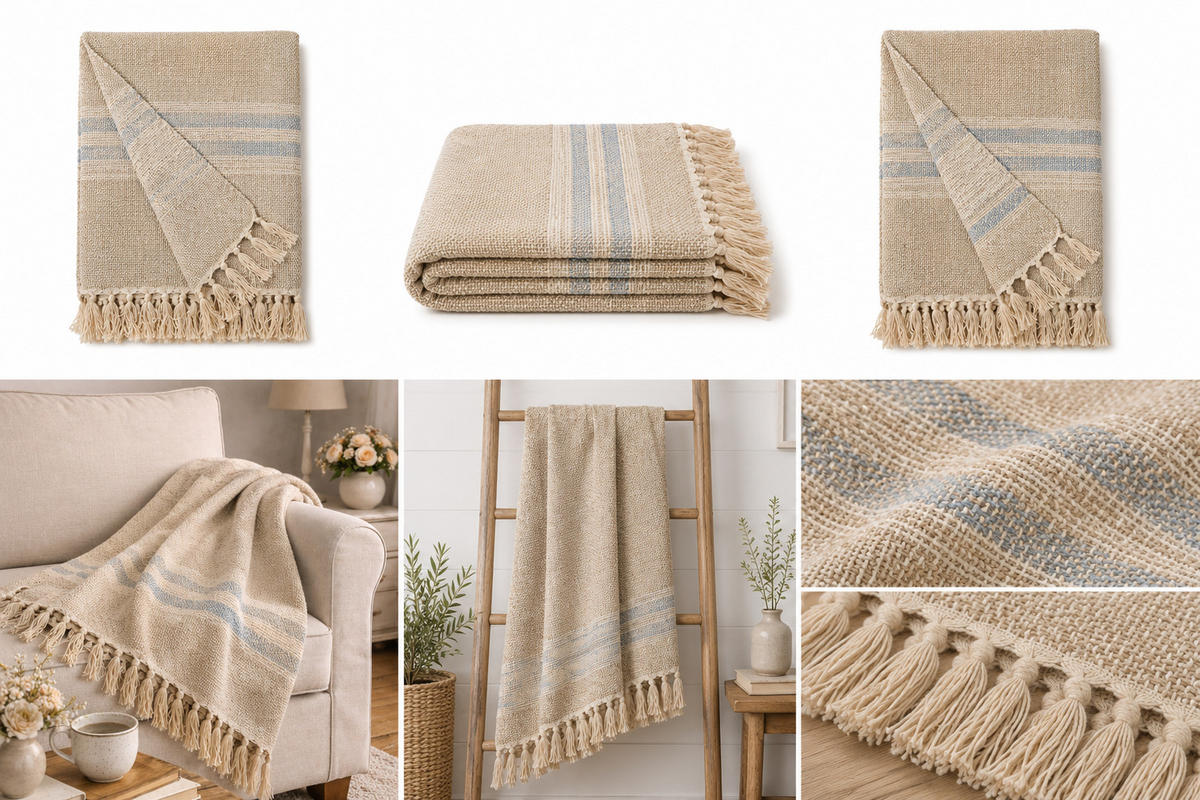 WOHNDECKE Baumwolle 130x170 cm Mit Fransen – Sand/Light Blue - Multicolor, Naturmaterialien (130/170cm) - AU Maison