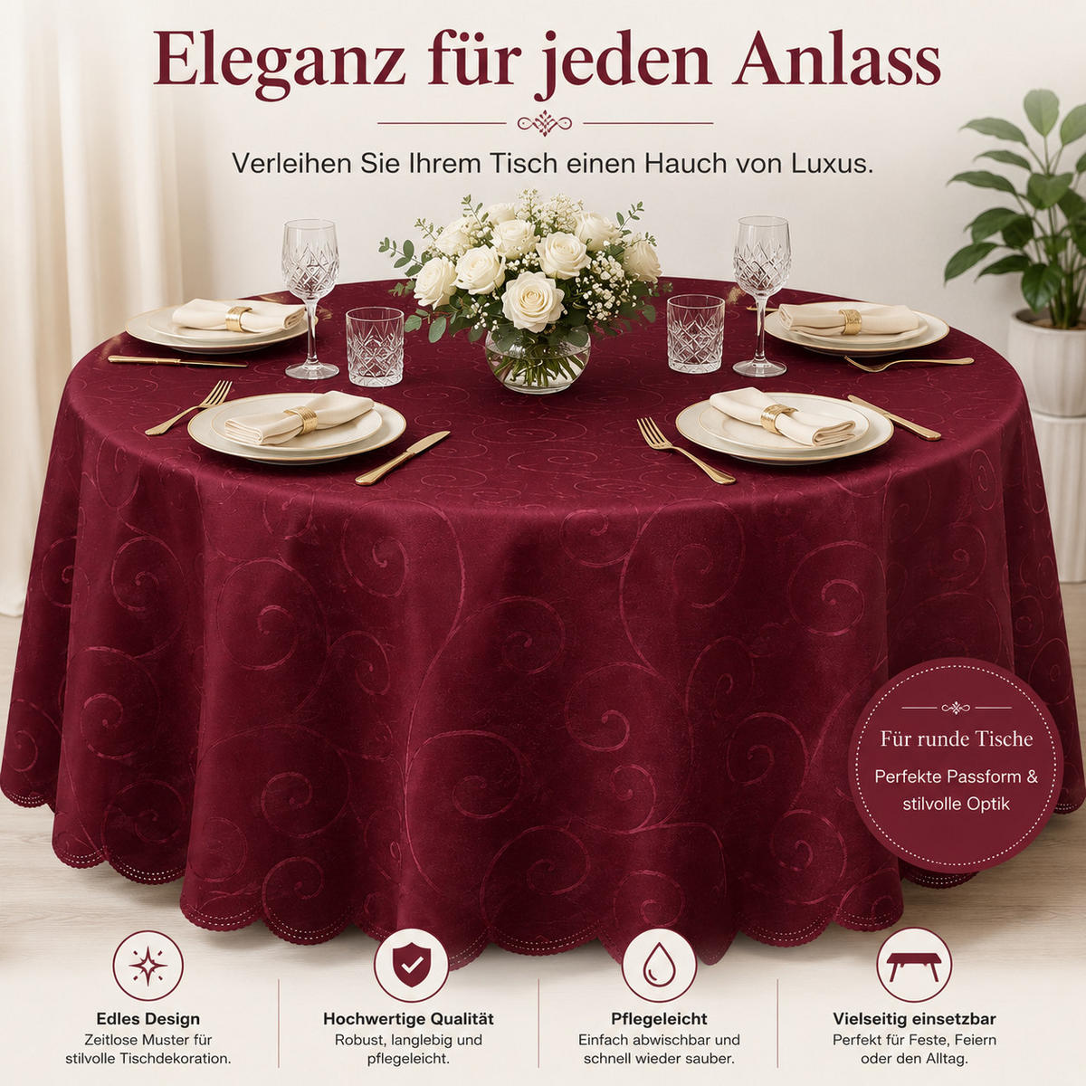 TISCHDECKE 135 cm rund Ornamente Bordeaux - Bordeaux, Textil (135cm) - TiborTex
