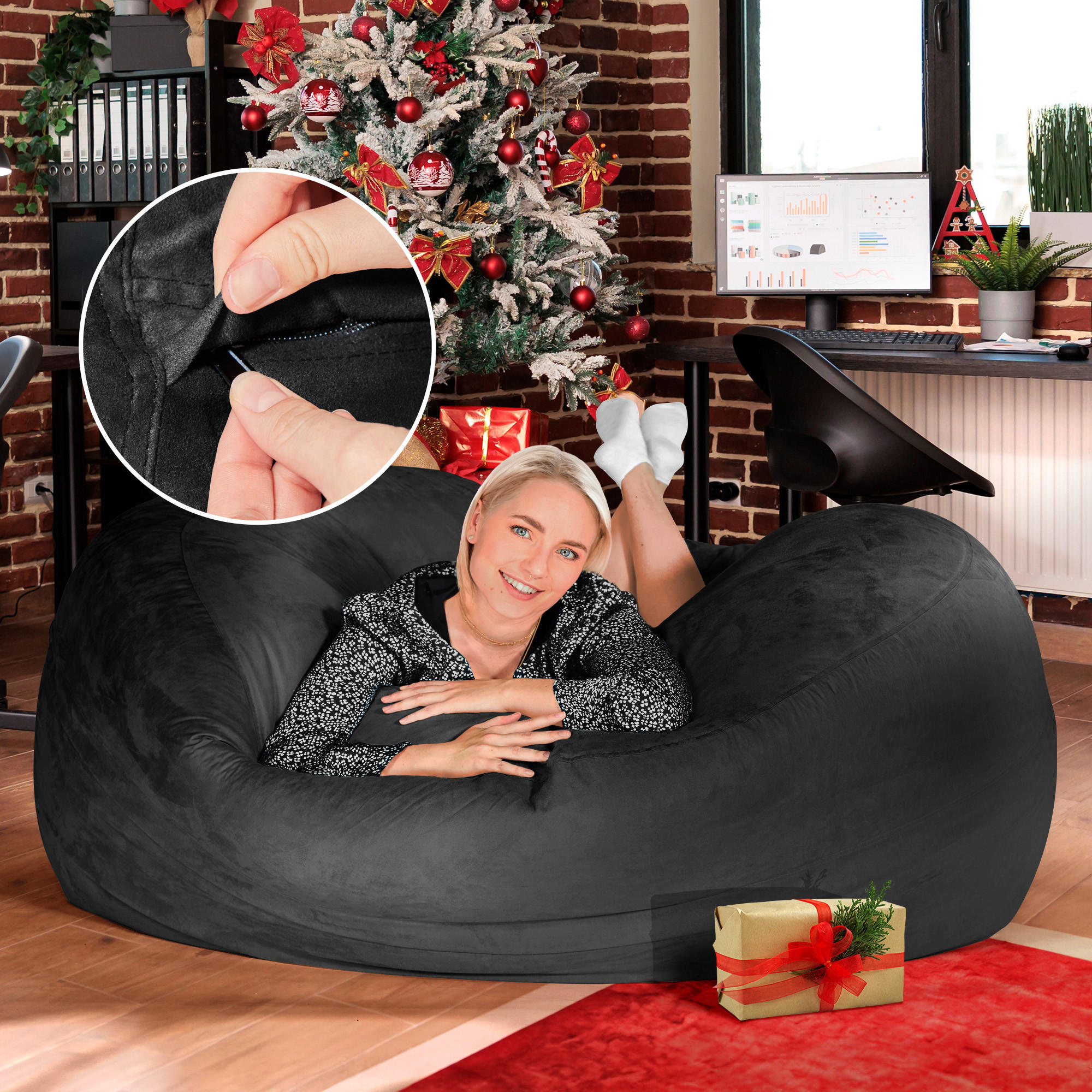 RIESEN-SITZSACK XXL JUMBO Velours 5ft - Schwarz, Textil (150/120/150cm) - Green Bean