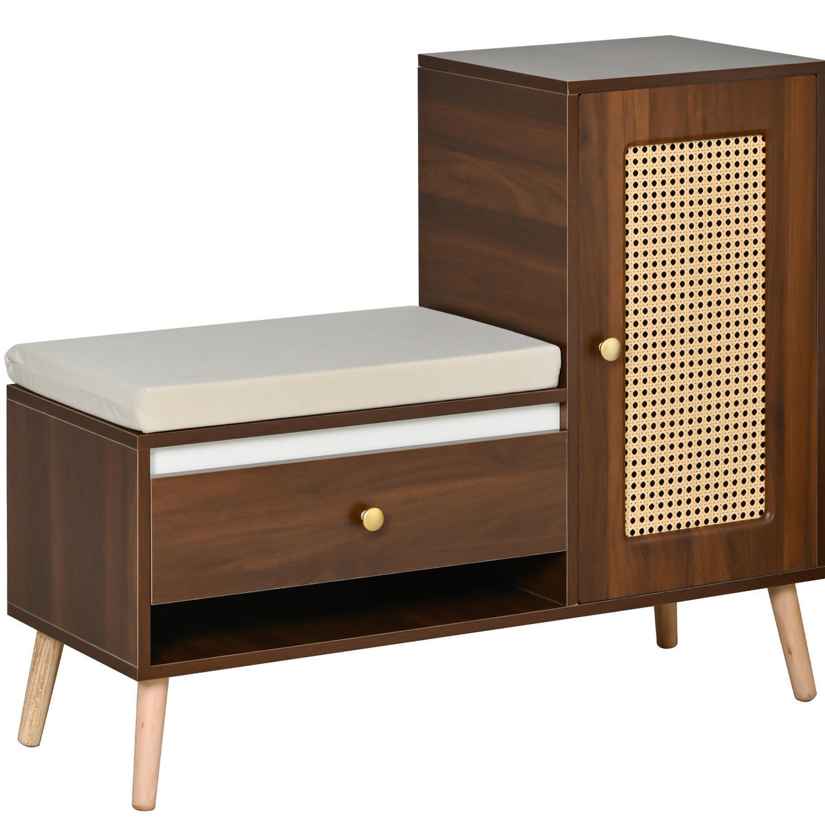 SCHUHBANK 95,5/35/80,5 cm mit Sitzkissen, Schubladen und Rattan-Optik - Naturfarben, Holzwerkstoff (95.5/80.5/35cm) - BEAOK