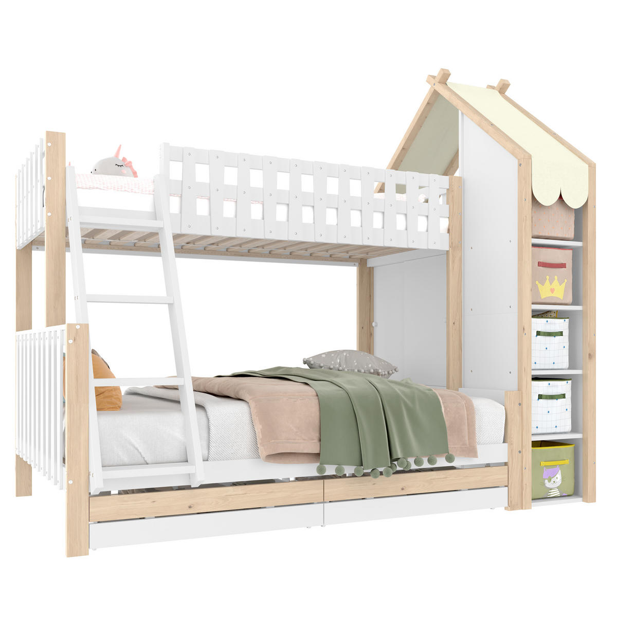 ETAGENBETT 90/200 cm + 140/200 cm weiß mit zwei Schubladen und Hausdach - Weiß, Holz (90/200cm) - OKWISH