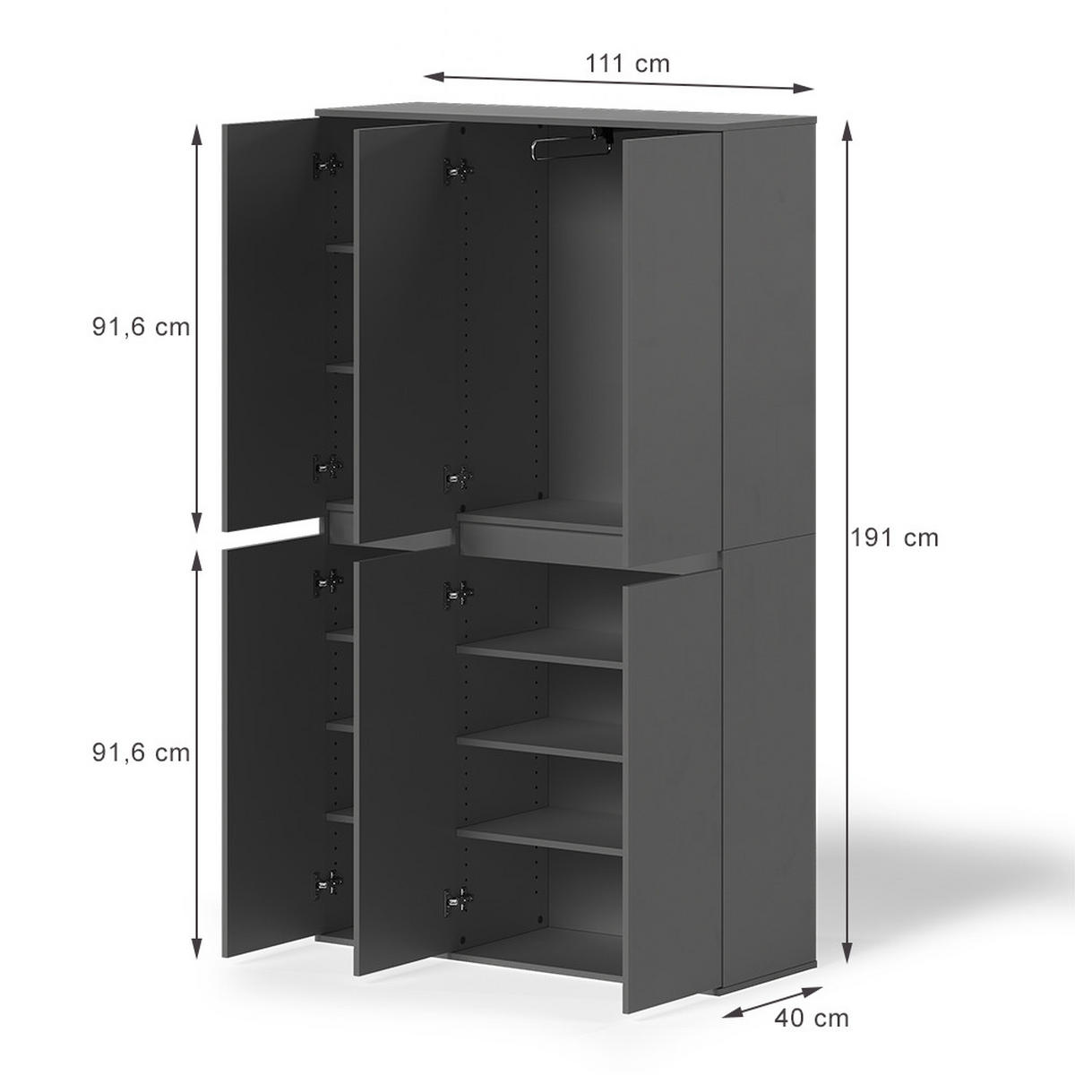 KLEIDERSCHRANK Claus Anthrazit 111 x 191.5 cm mit 6 Türen - Anthrazit, Holzwerkstoff (111/191.5/40cm) - Vicco