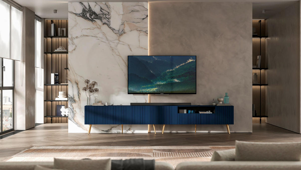 TV-LOWBOARD 2er-Set Elpis2 Marineblau mit goldenen Metallbeinen150 cm - Blau/Goldfarben, Holzwerkstoff (300/60.5/36.5cm) - Meble Lindner