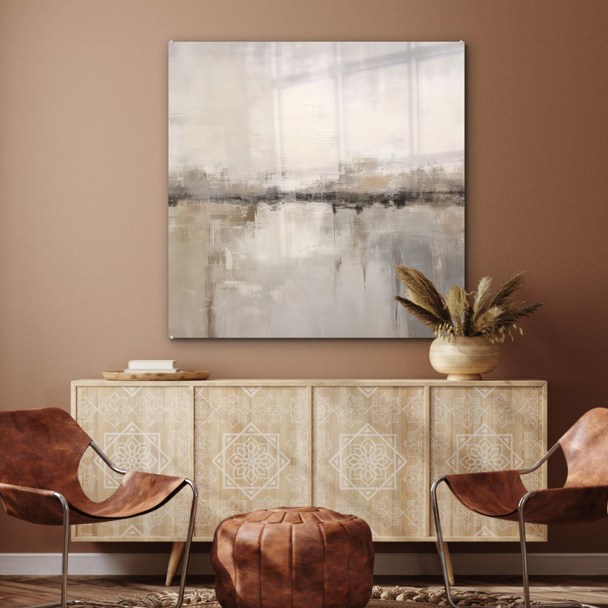 ACRYLGLASBILD Moderne Kunst - Abstrakt - Beige 90x90 cm - Beige, Glas (90/90cm) - MuchoWow
