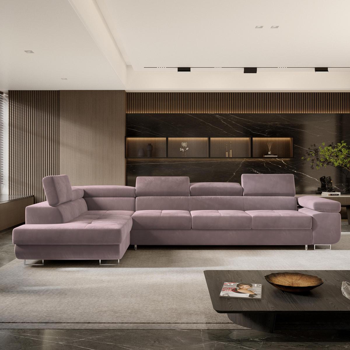 ECKSOFA VICENTE Lila Velours-Stoff mit Schlaffunktion - Lila, Holz (346/202cm) - MASSENO