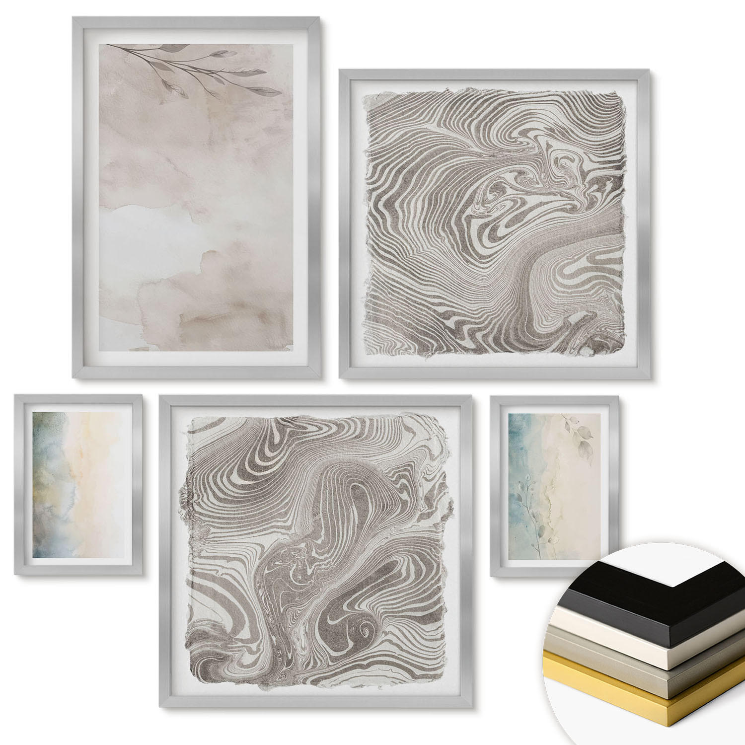 WANDBILDER 5er Set - 50x50 cm & 20x30 cm & 40x60 cm Silberner Rahmen - Zarte Aquarellkartons - Silberfarben, Kunststoff (40/60cm) - ArtPrintCave